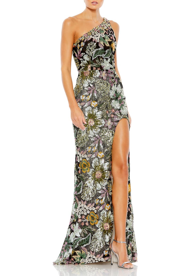 Embellished Floral One Shoulder Gown, Main, color, BLACK MULTI