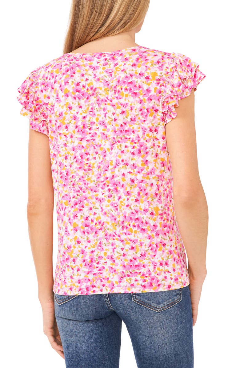 CeCe Floral Double Ruffle Sleeve Stretch Crepe Knit Top, Alternate, color, 