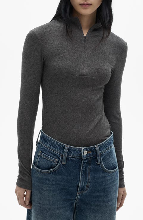 Mock Neck Half Zip Long Sleeve Top