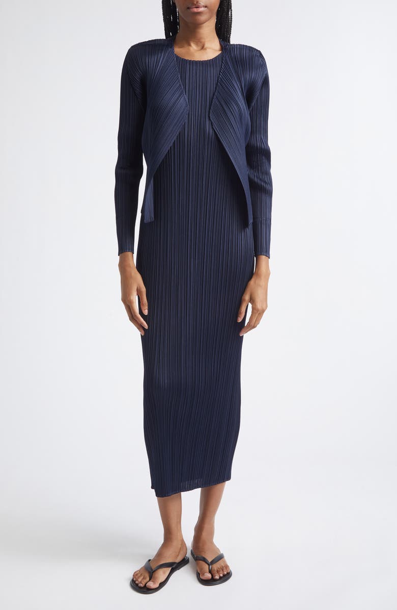 Pleats Please Issey Miyake New Colorful Basics 4 Pleated Cardigan, Alternate, color, Navy