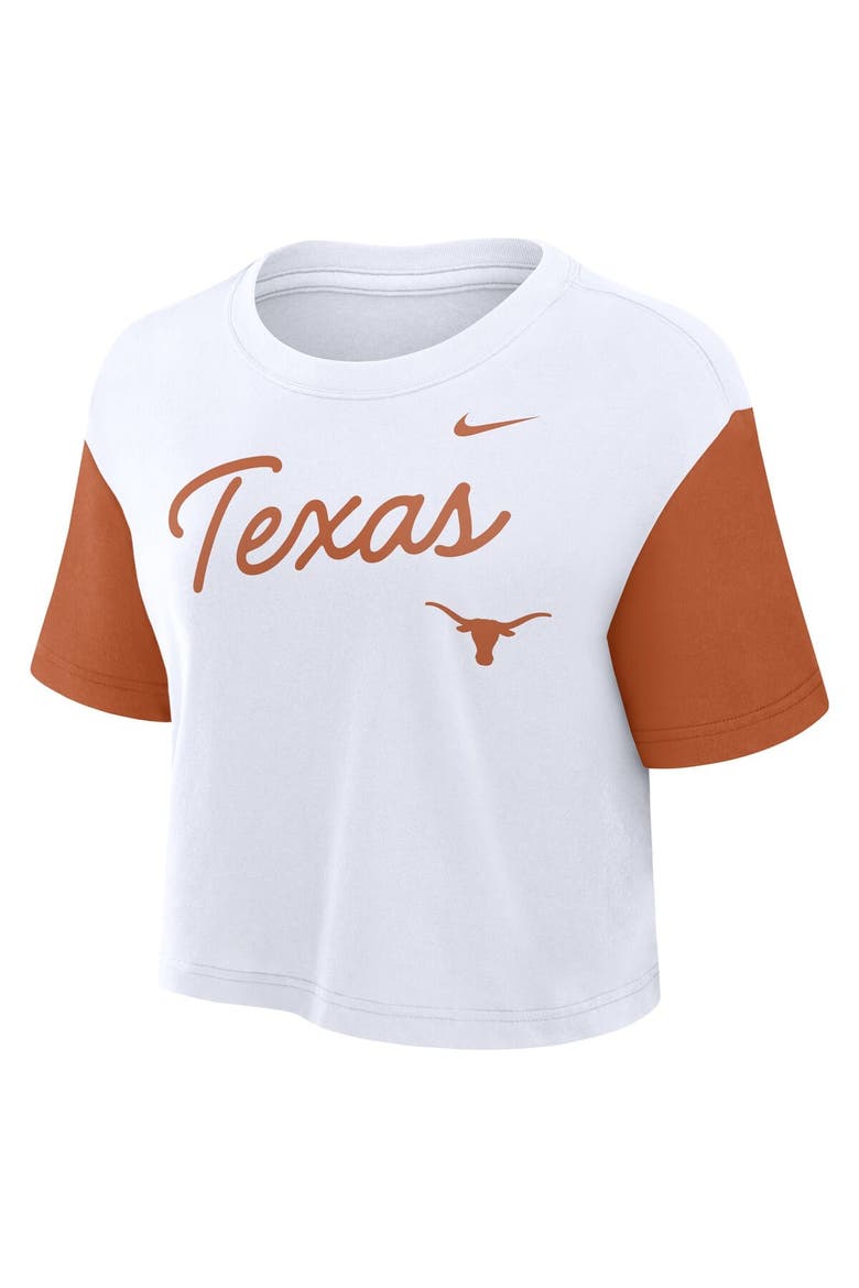 Women's Nike White/Texas Orange Texas Longhorns Color-Block Script Performance Cropped T-Shirt, Alternate, color, White