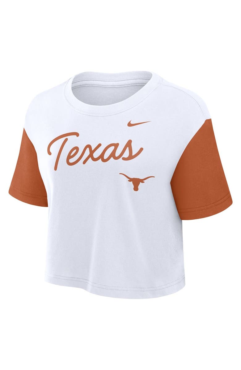 Nike Women's Nike White/Texas Orange Texas Longhorns Color-Block Script Performance Cropped T-Shirt, Alternate, color, 