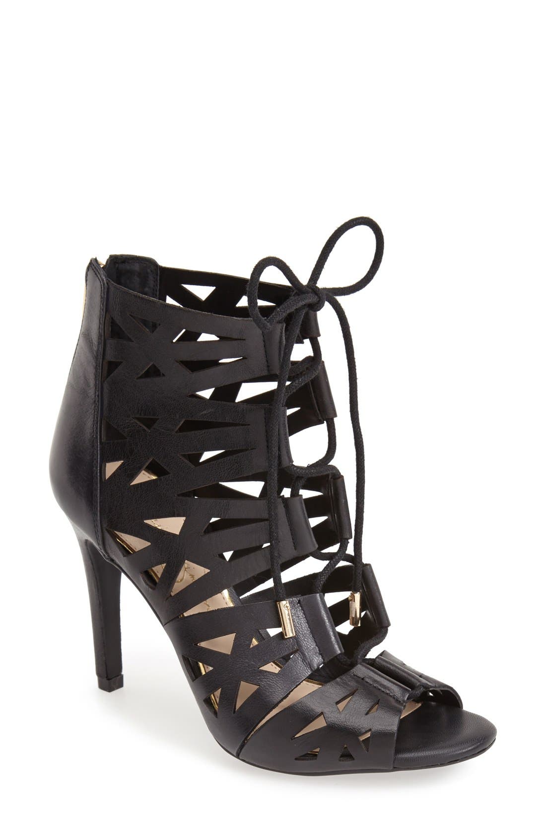 'Emerita' Laser Cutout Cage Sandal, Main, color, BLACK