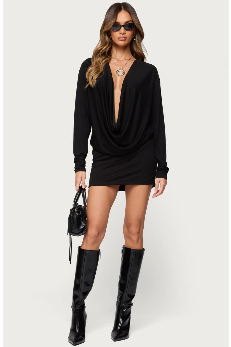 Romelia Cowl Neck Long Sleeve Minidress, Alternate, color, BLACK