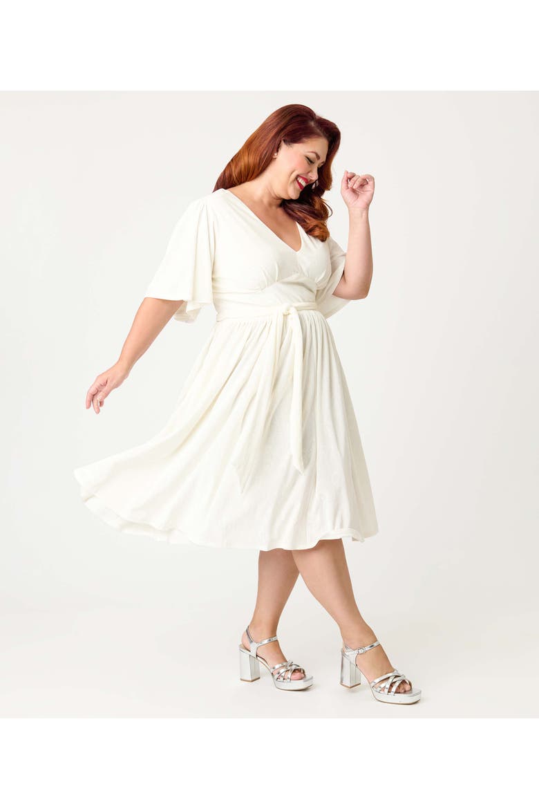 Plus Size 1940s Velvet Flutter Sleeve Swing Dress, Alternate, color, Ivory Peacock Print