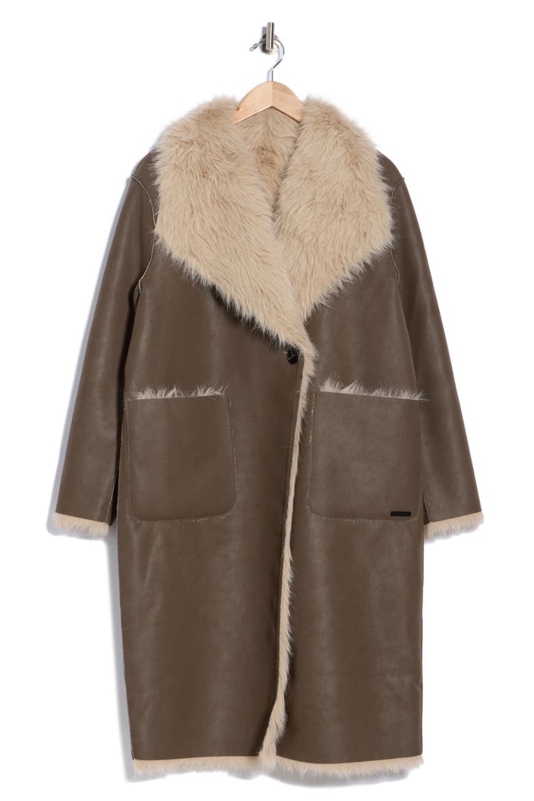 Padma Reversible Faux Leather & Faux Fur Coat, Alternate, color, MOCHA