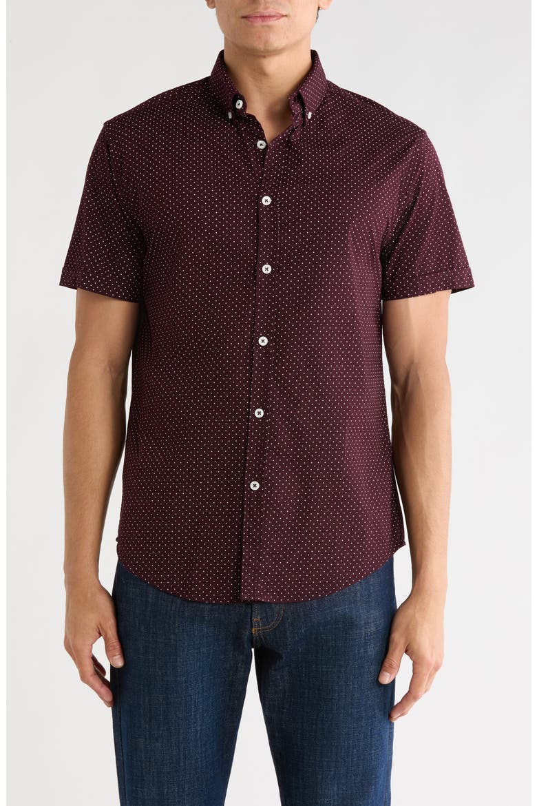 Dot Print Short Sleeve Button-Down Shirt, Main, color, BURGUNDY WITH WHITE DOTS
