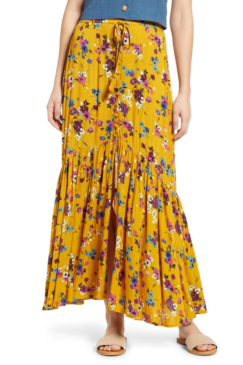 Marseille Button Front Maxi Skirt, Main, color, MUSTARD/ PLUM
