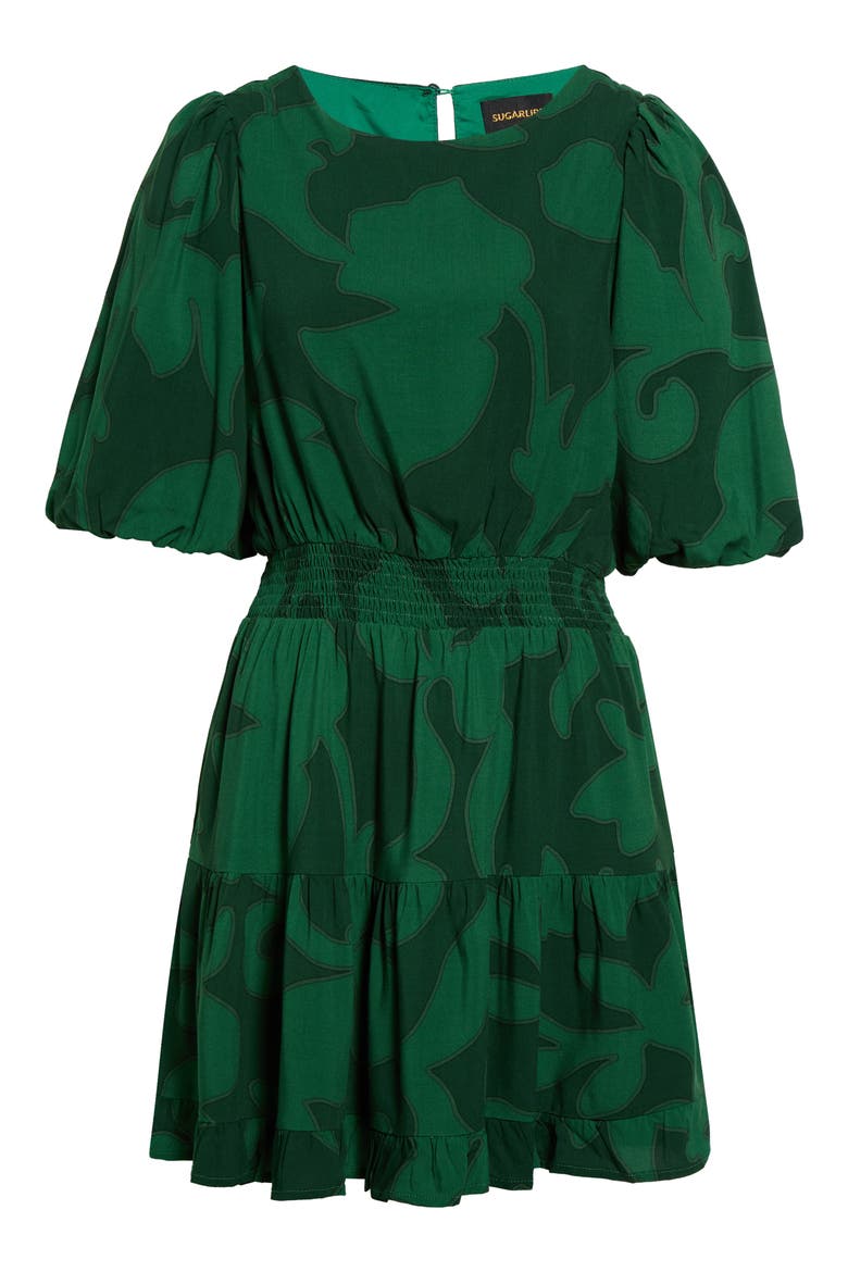 Benti Floral Print Smocked Waist Dress, Alternate, color, EMERALD