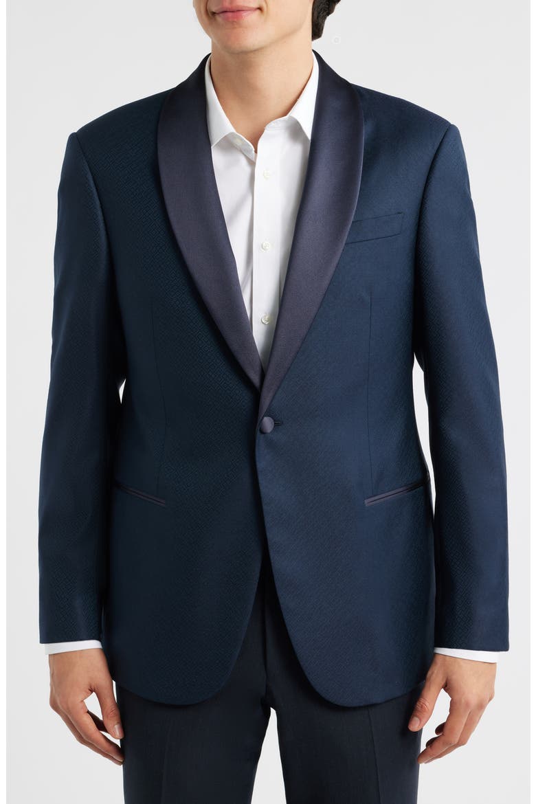 Navy Shawl Collar Geometric Jacquard Virgin Wool Tuxedo Jacket, Main, color, NAVY