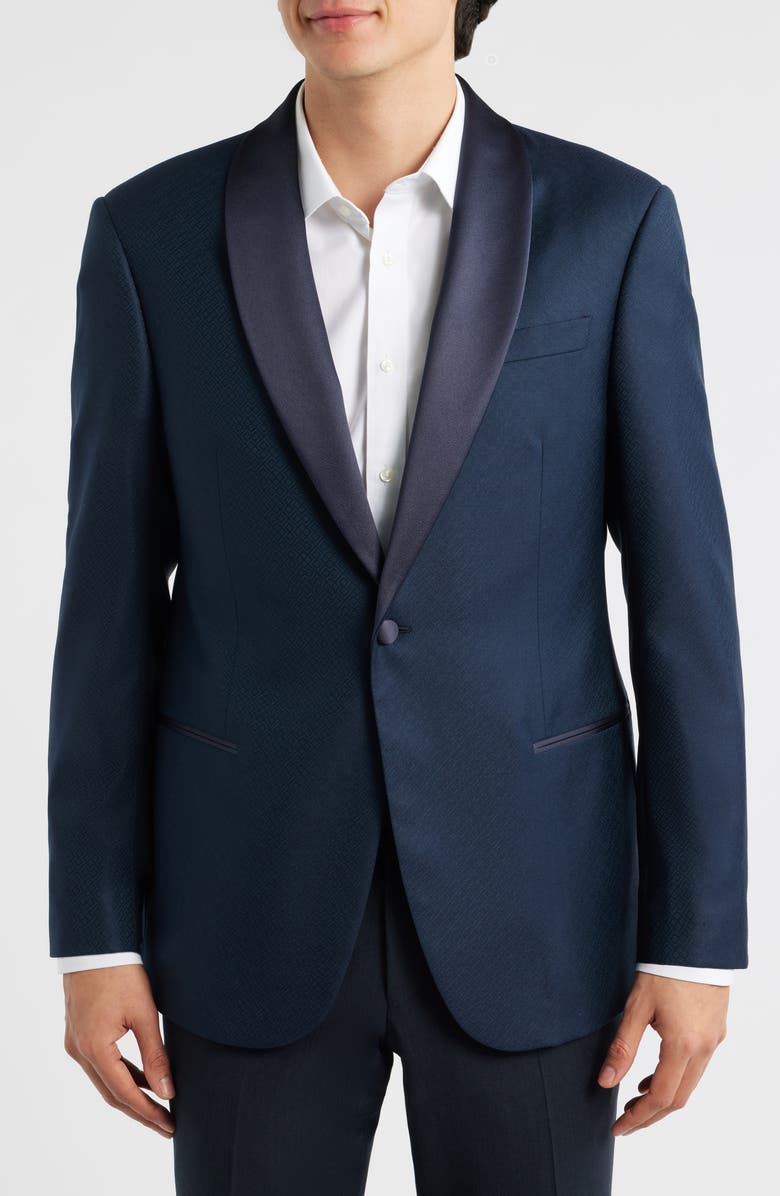 Emporio Armani Navy Shawl Collar Geometric Jacquard Virgin Wool Tuxedo Jacket, Main, color, Navy