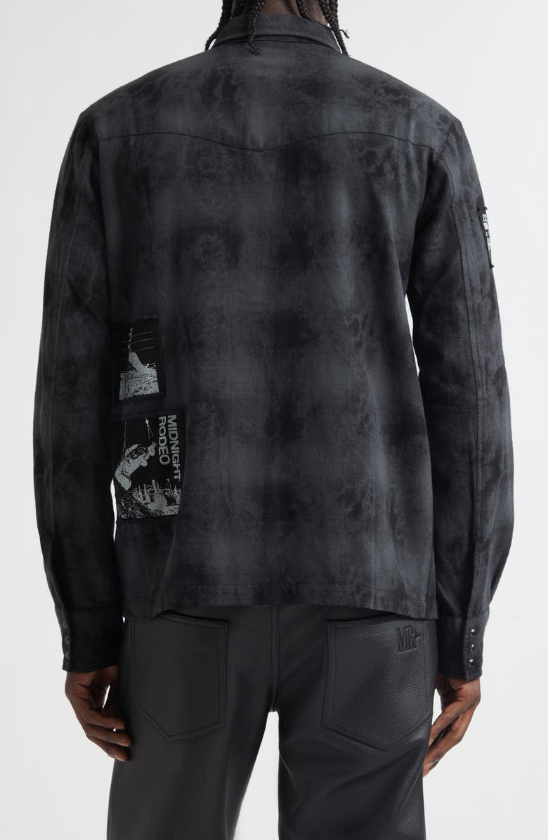 MIDNIGHT RODEO Patchwork Distressed Over Dyed Cotton Flannel Shirt, Alternate, color, Black Overdye