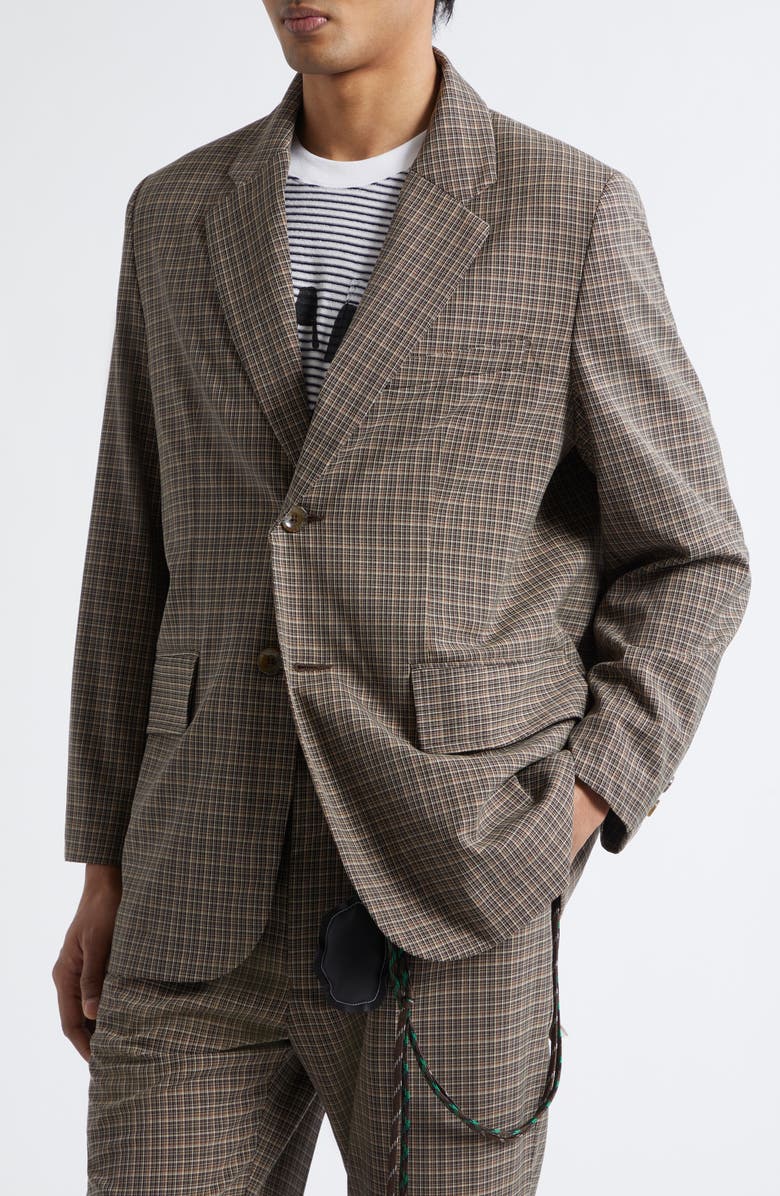 SONG FOR THE MUTE Square Glen Plaid Single Breasted Blazer with Drawstring Hood, Alternate, color, Brown