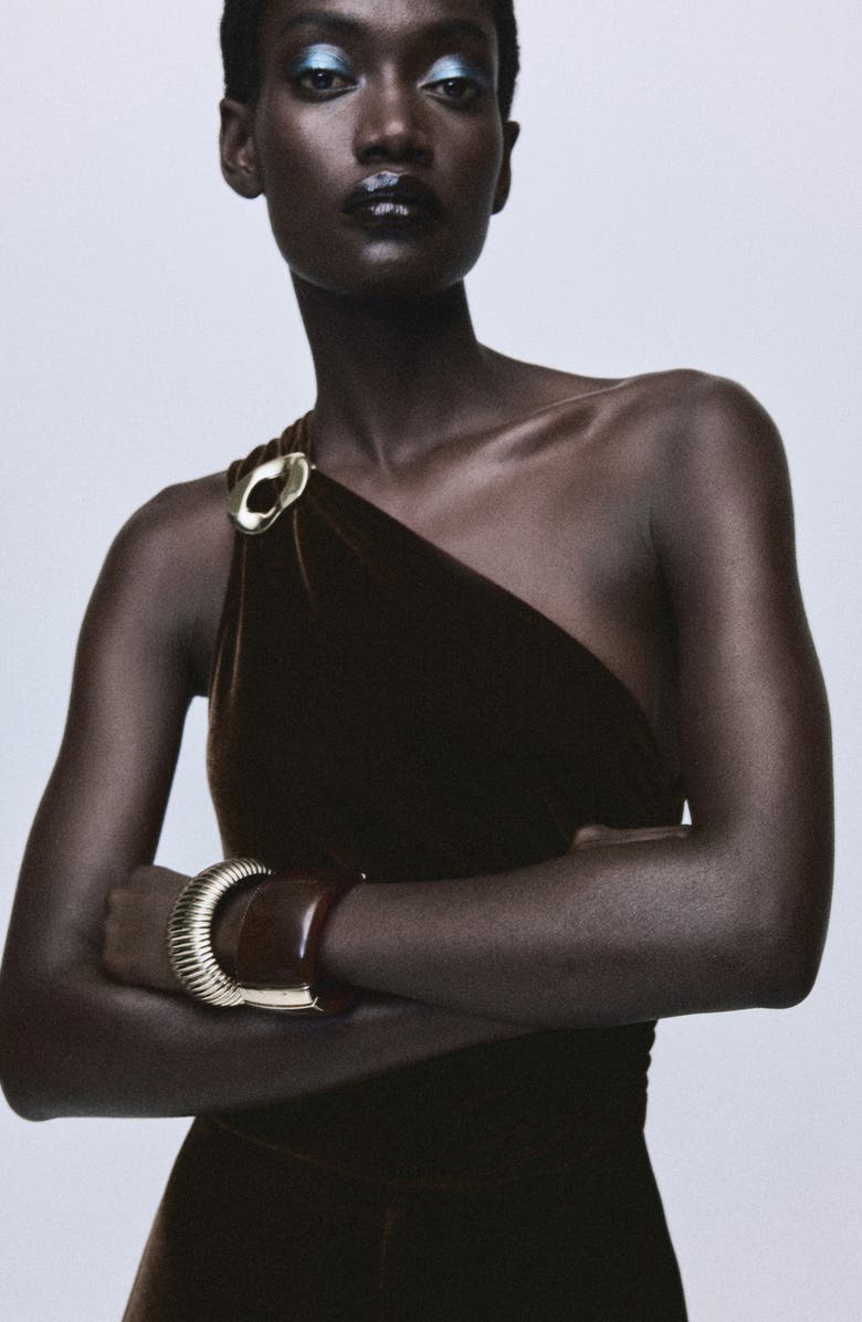 MANGO One-Shoulder Velvet Jumpsuit, Alternate, color, Brown