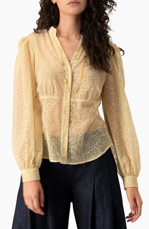 Sheer Floral Jacquard Puff-sleeve Button-front Blouse