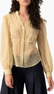 IVONNE Sheer Floral Jacquard Puff-sleeve Button-front Blouse