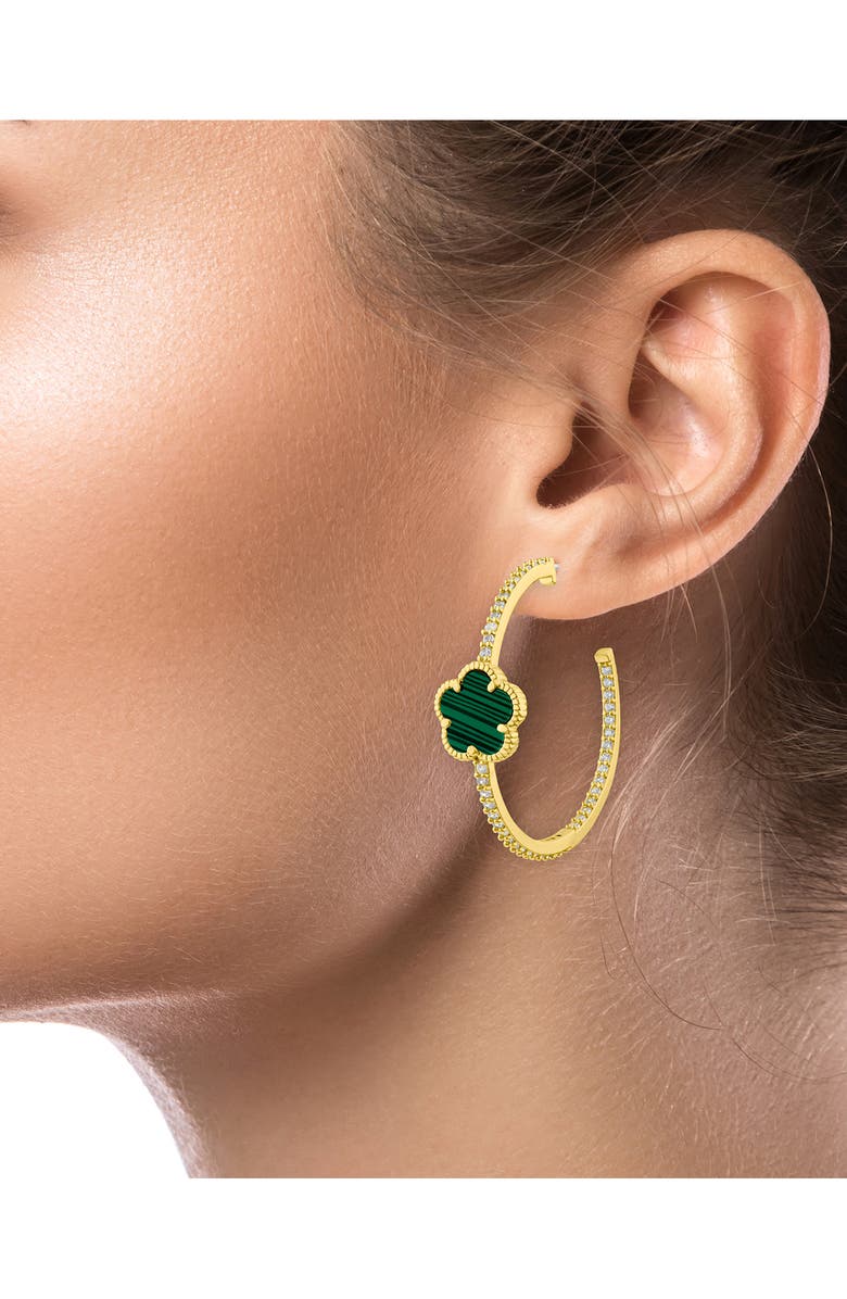 CZ by Kenneth Jay Lane CZ Pavé Clover Hoop Earrings, Alternate, color, Green/ Gold