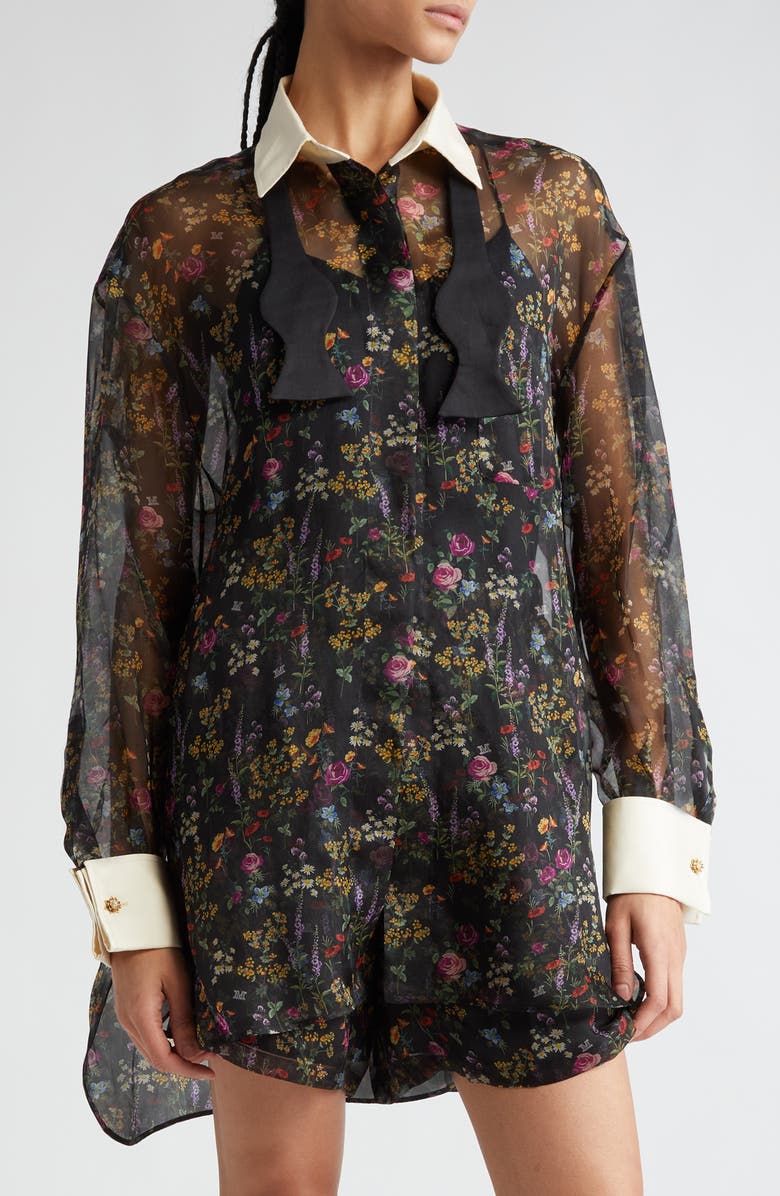 Max Mara Marocco Floral Print Silk Organza Shirt with Bow Tie, Main, color, 