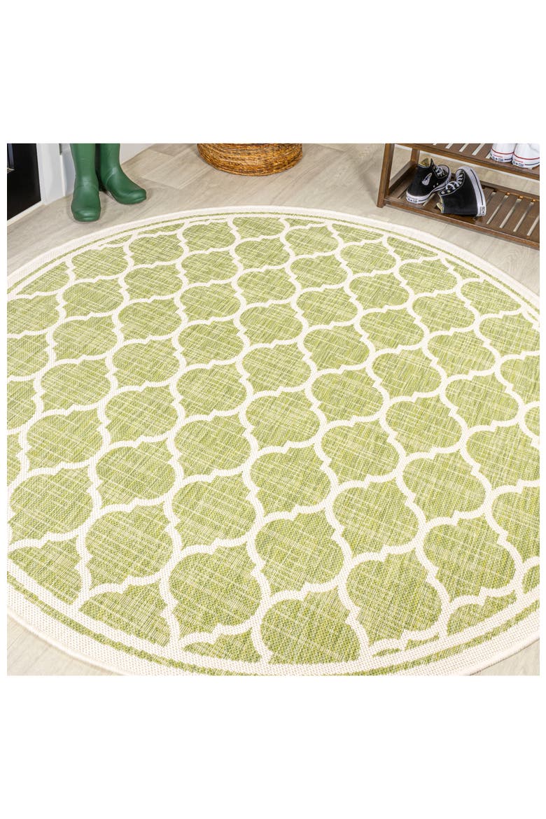 Trebol Moroccan Trellis Textured Weave Indoor/Outdoor Round Area Rug, Alternate, color, Green/Cream