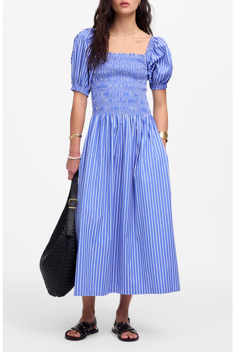 Smocked Puff Sleeve Midi Dress in Stripe Poplin, Main, color, WATERFALL