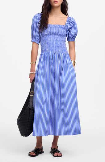 Madewell Smocked Puff Sleeve Midi Dress in Stripe Poplin