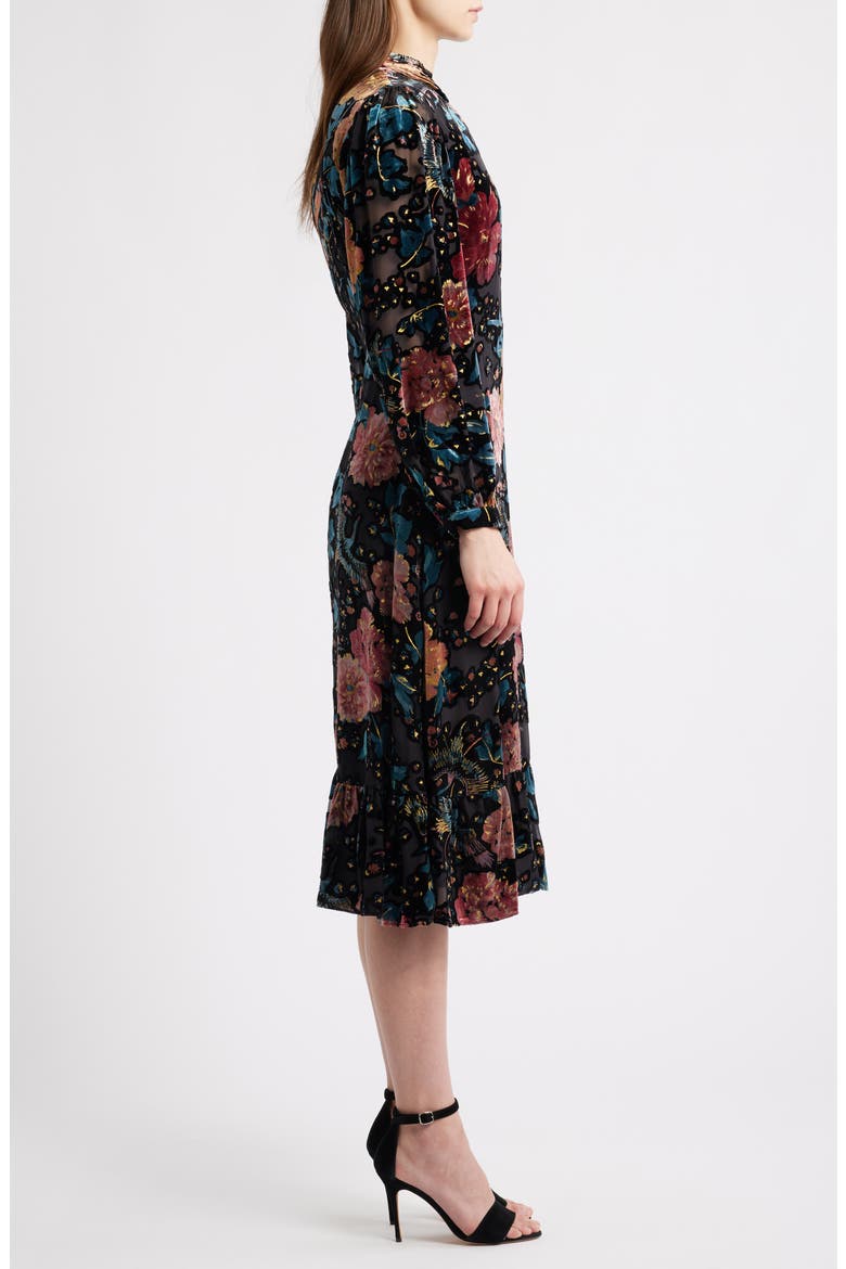 The Becca Long Sleeve Floral Velvet Burnout Midi Dress, Alternate, color, BLACK/ BIRDS OF PARADISE