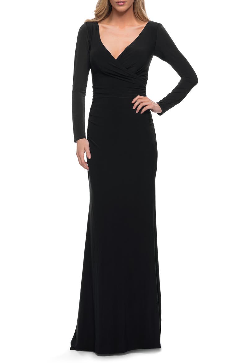 Long Sleeve Jersey Evening Dress with Ruching, Alternate, color, BLACK