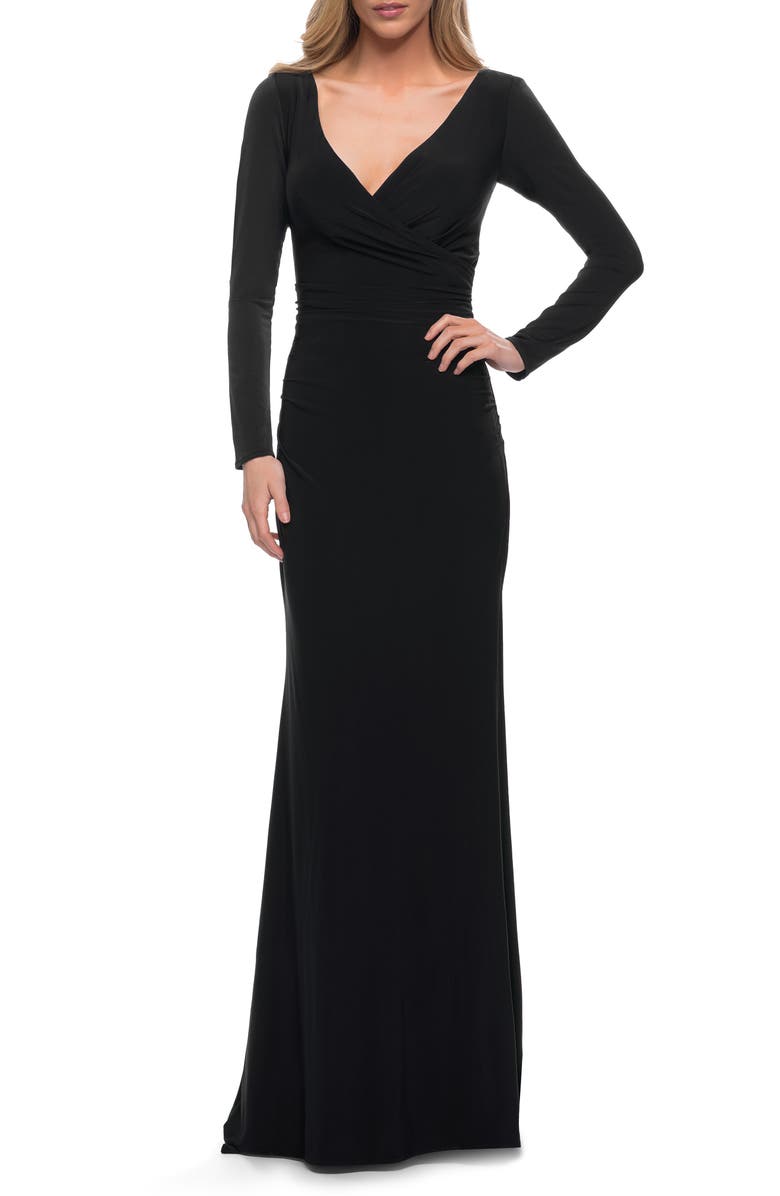 La Femme Long Sleeve Ruched Jersey Gown, Alternate, color, 