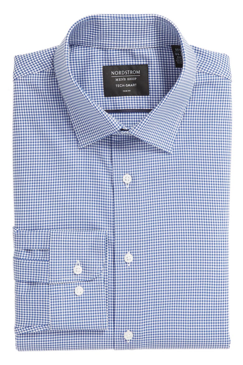 Tech-Smart Trim Fit Stretch Check Dress Shirt, Alternate, color, BLUE MARINE