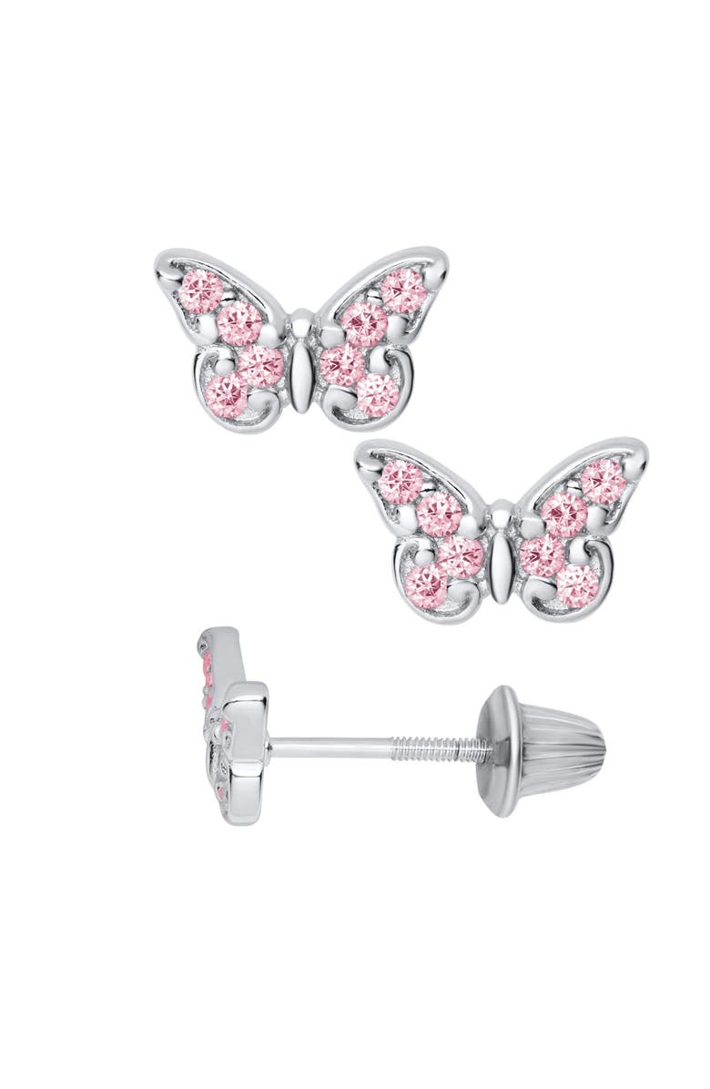 Mia Belle Girls Pink Butterfly Silver Stud Earrings, Main, color, Silver
