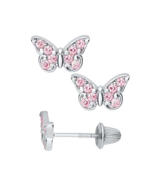 Pink Butterfly Silver Stud Earrings (Toddler, Little Kid & Big Kid)