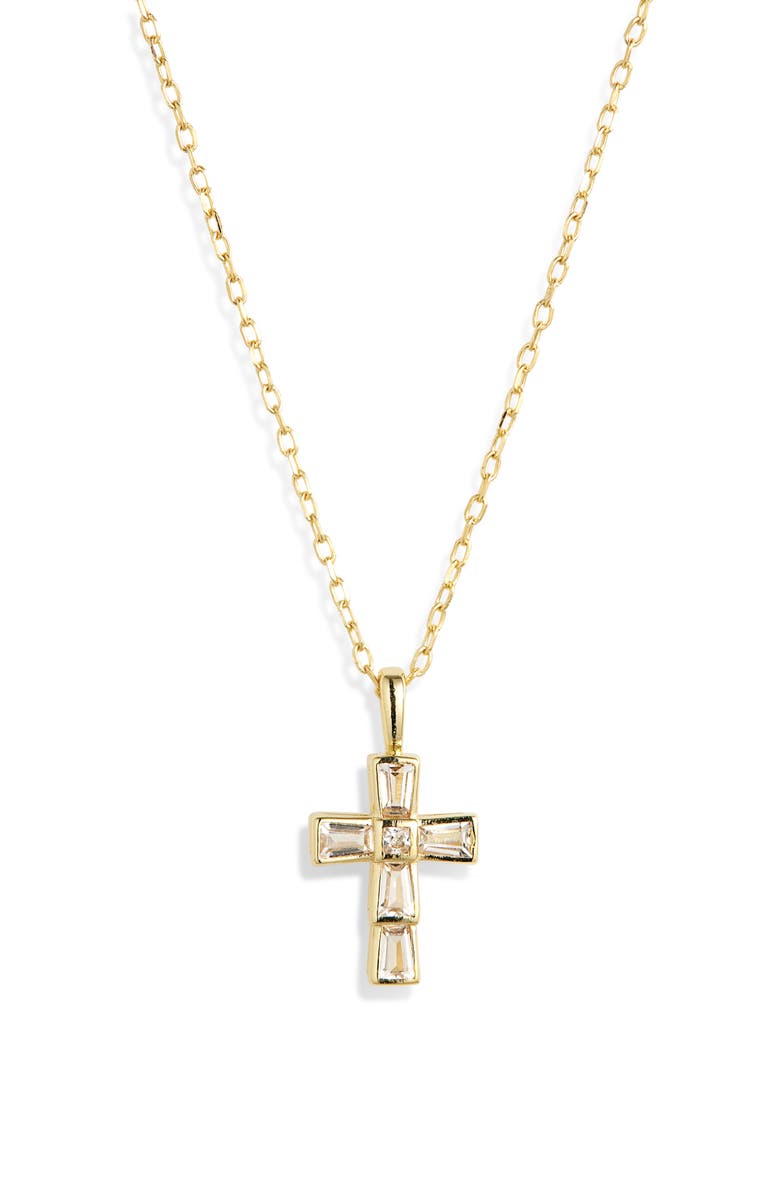 ARGENTO VIVO Baguette Cubic Zirconia Mini Cross Pendant Necklace, Alternate, color, Gold