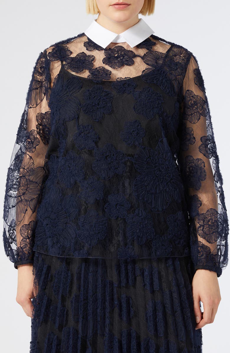 Marina Rinaldi Godezia Floral Embroidered Top, Main, color, Midnight Blue