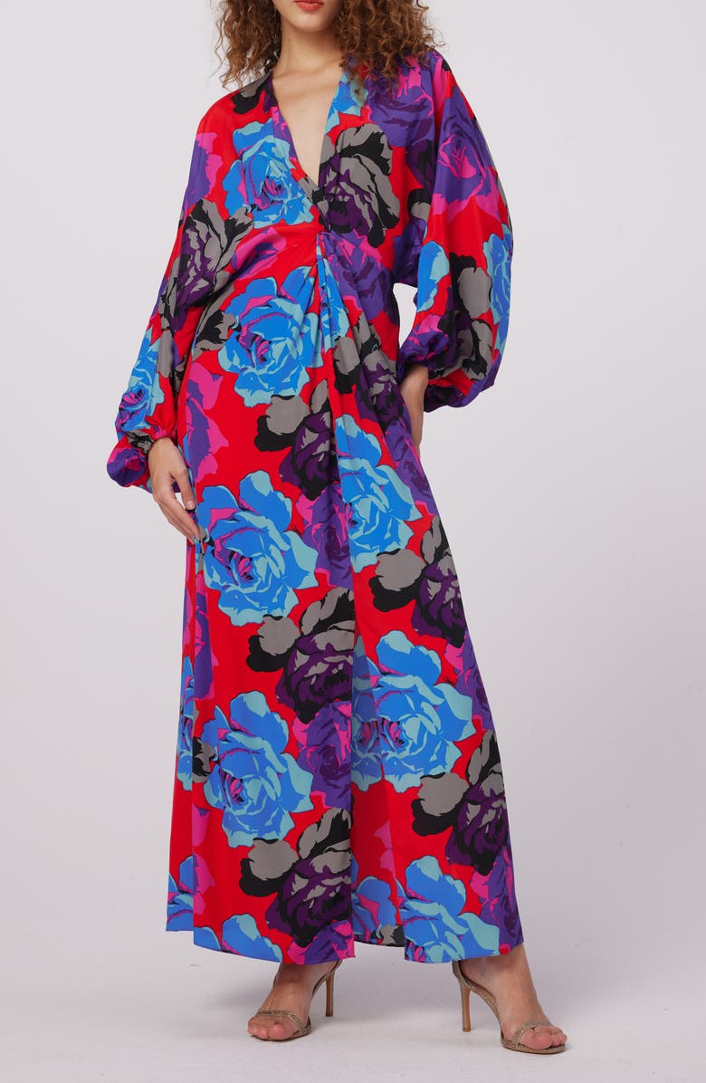 Diane von Furstenberg Print Long Sleeve Maxi Dress, Main, color, Redemption Rose Blue Red