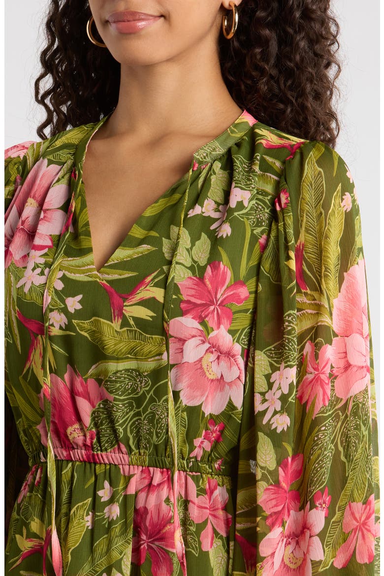 Madeira Metallic Abstract Print Long Sleeve Dress, Alternate, color, GREEN-PINK-CORAL