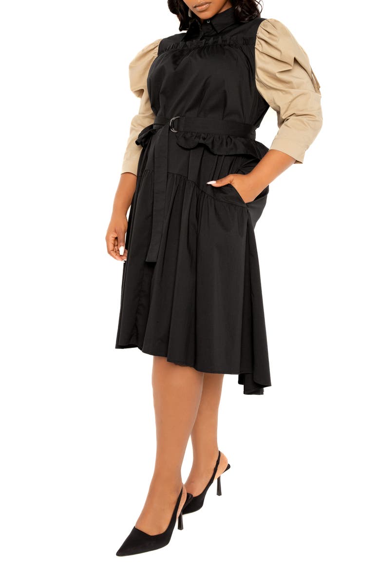 Contrast Puff Shoulder Dress, Alternate, color, BLACK