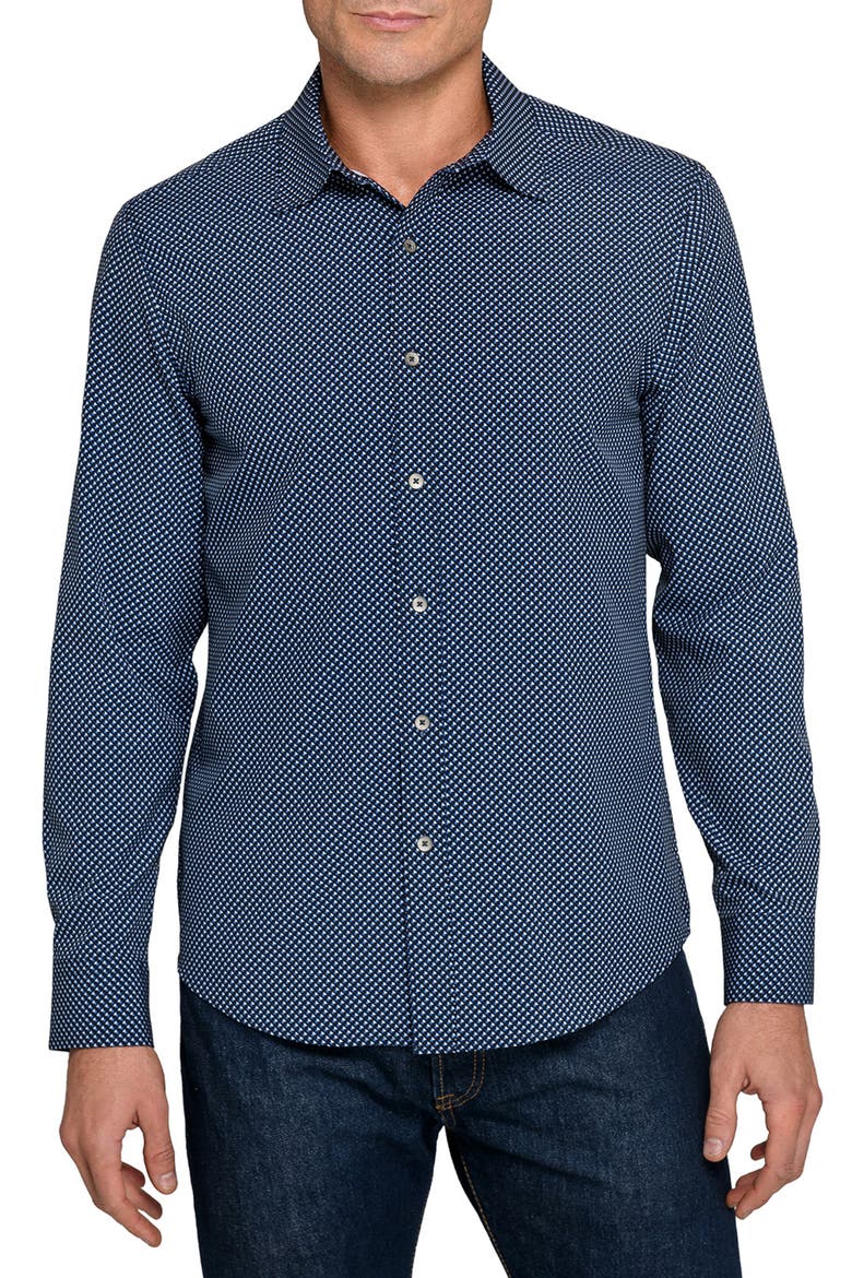 Slim Fit Navy Geometric Print Performance Button-Up Shirt, Main, color, NAVY