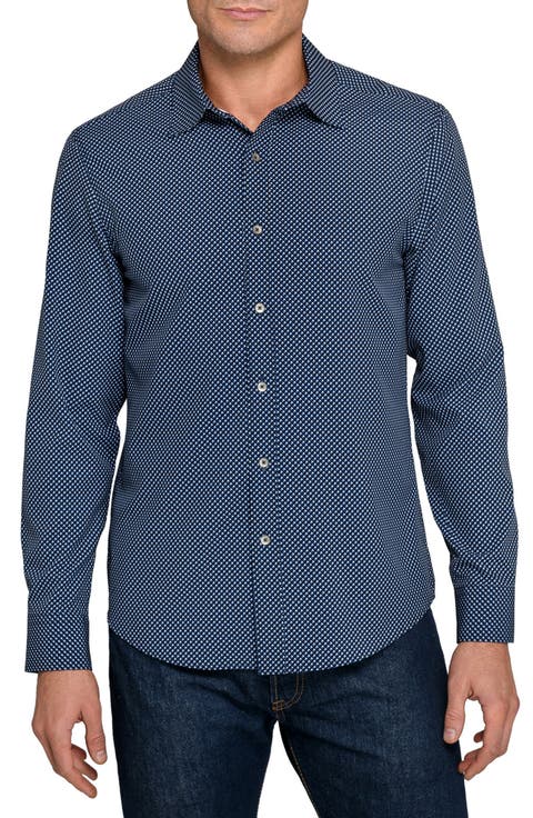 Slim Fit Navy Geometric Print Performance Button-Up Shirt