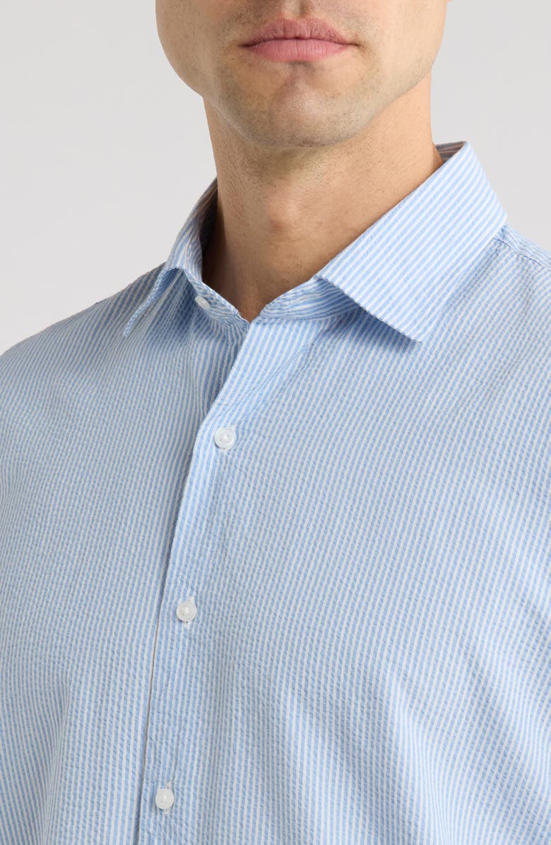 Peter Millar Coast Stripe Short Sleeve Cotton & Lyocell Seersucker Button-Up Shirt, Alternate, color, Bluebird