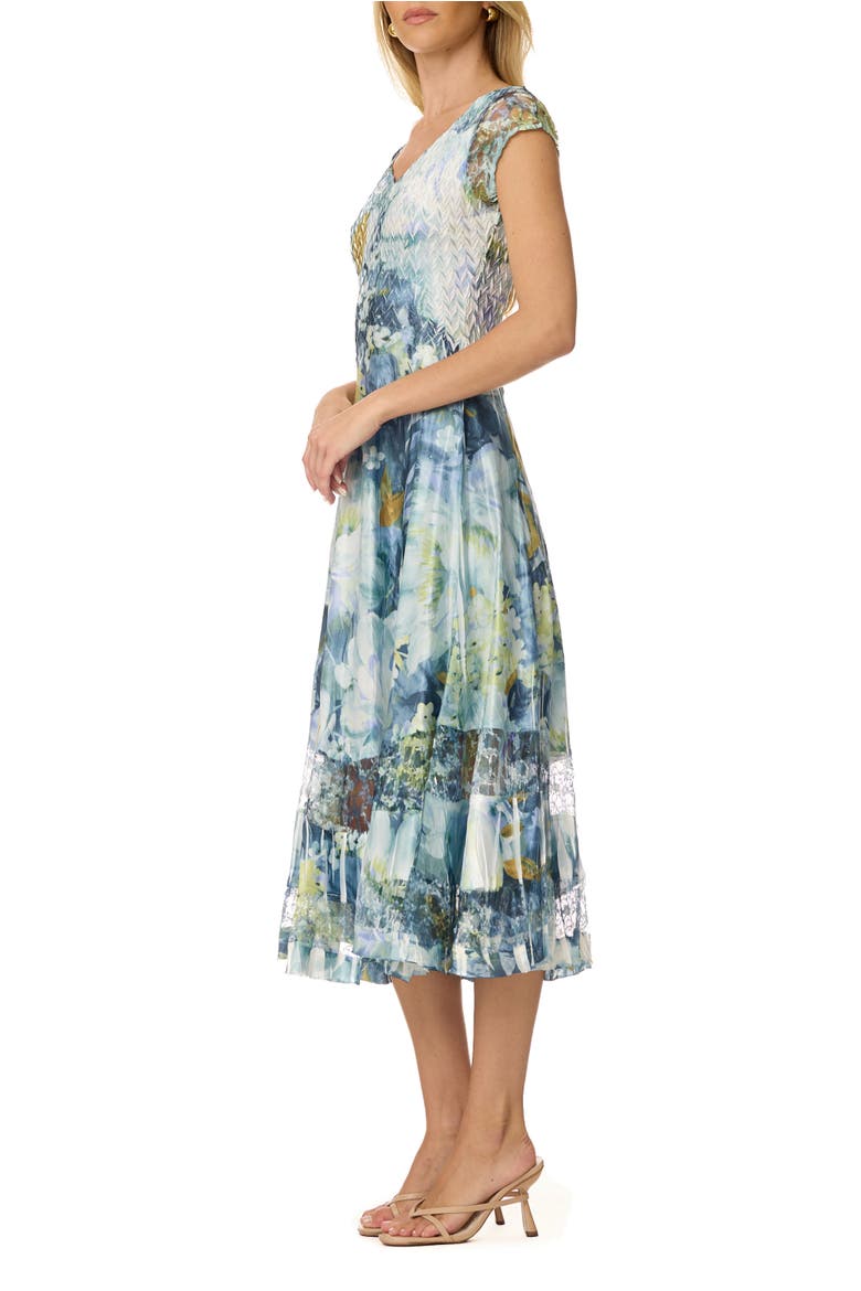 Abstract Floral  Charmuese Dress with Lace Cap Sleeve, Alternate, color, Painted Petal