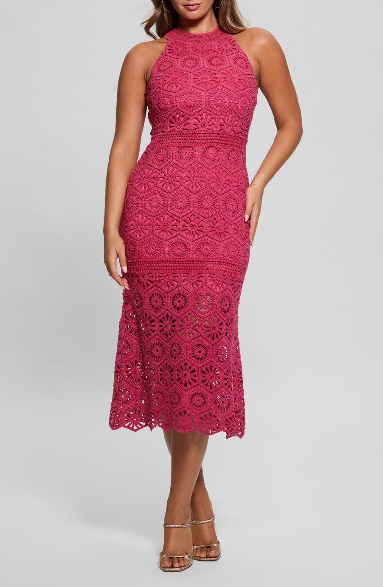 GUESS Nicki Lace Overlay Midi Dress, Main, color, 