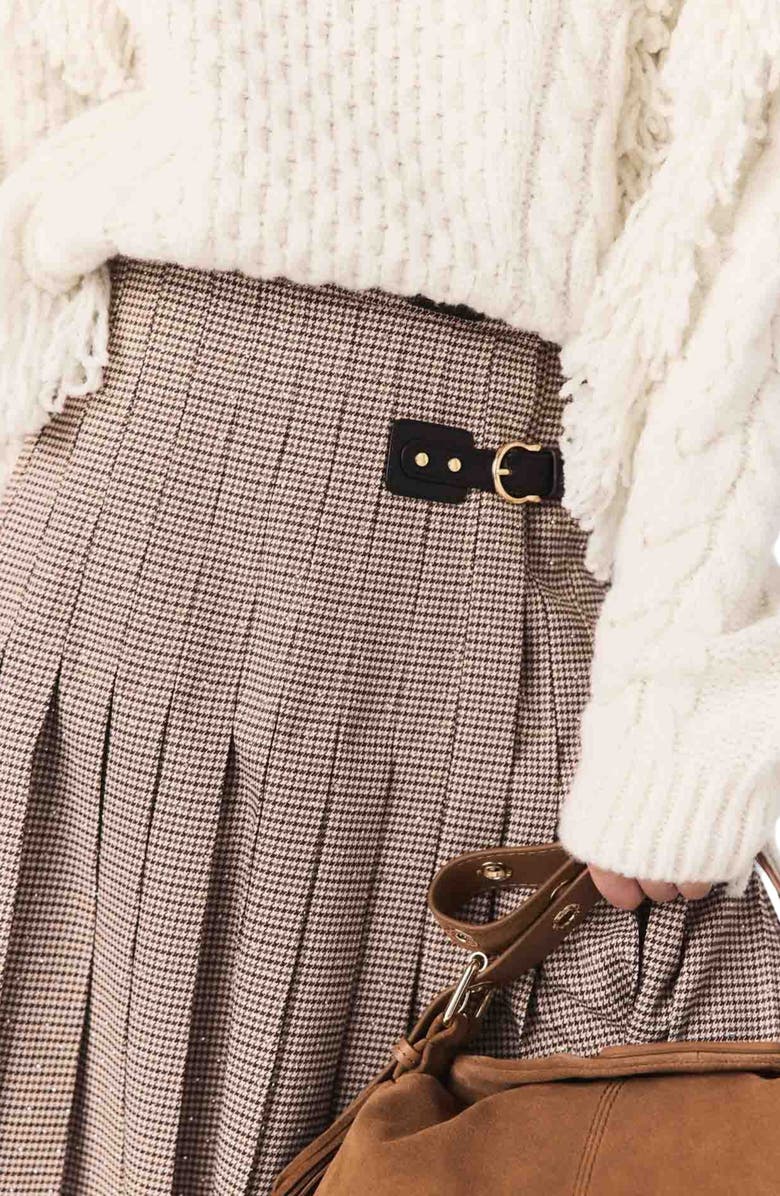 maje Pleated checked midi skirt, Alternate, color, Brown