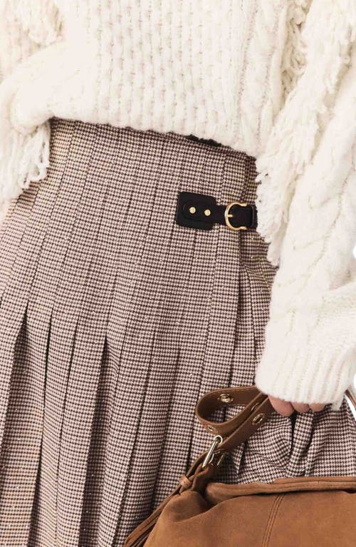 Maje Pleated Checked Midi Skirt In Brown