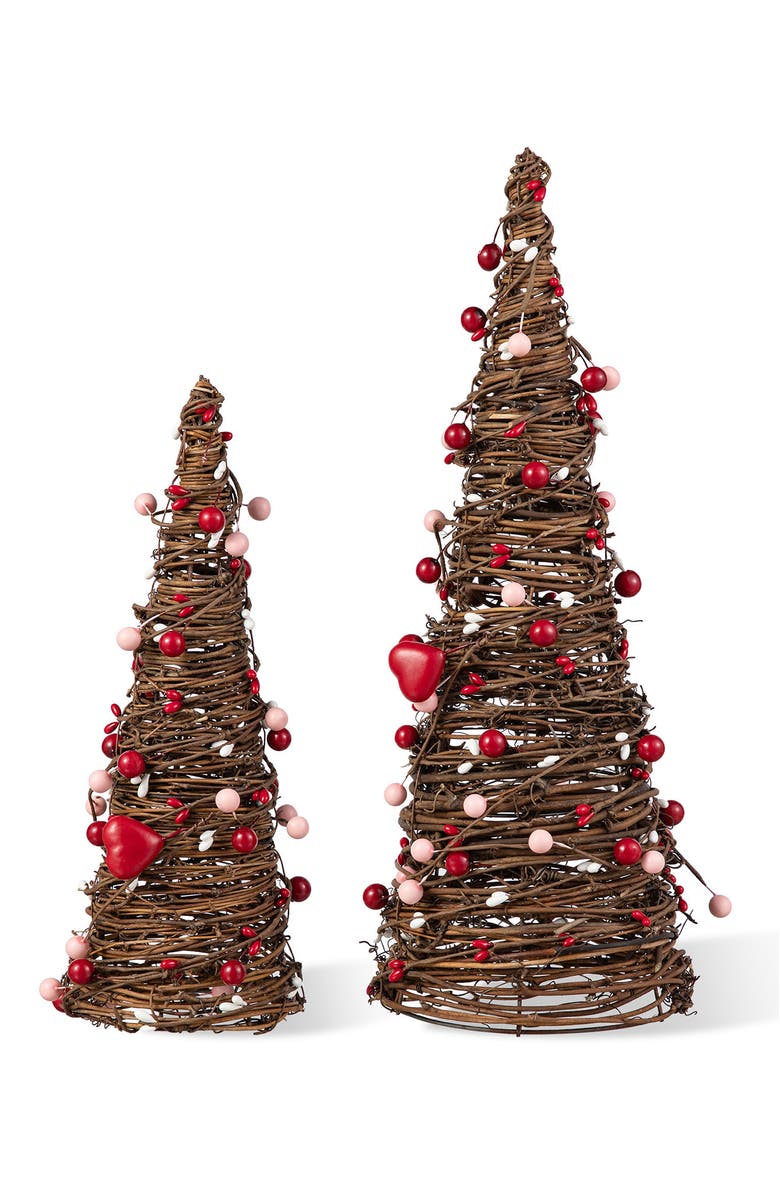 Glitzhome 16"H Set of 2 Valentine
s Rattan Heart and Berries Table Tree, Main, color, Red