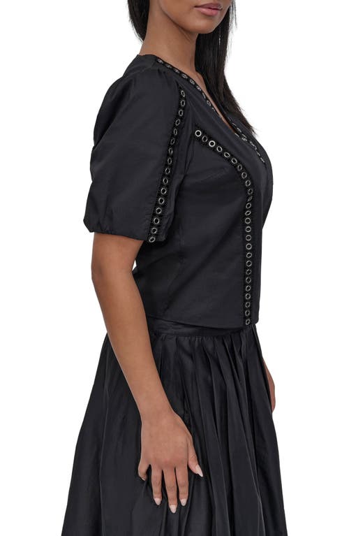 Dkny Puff Sleeve Grommet Detail Cotton Voile Shirt In Black
