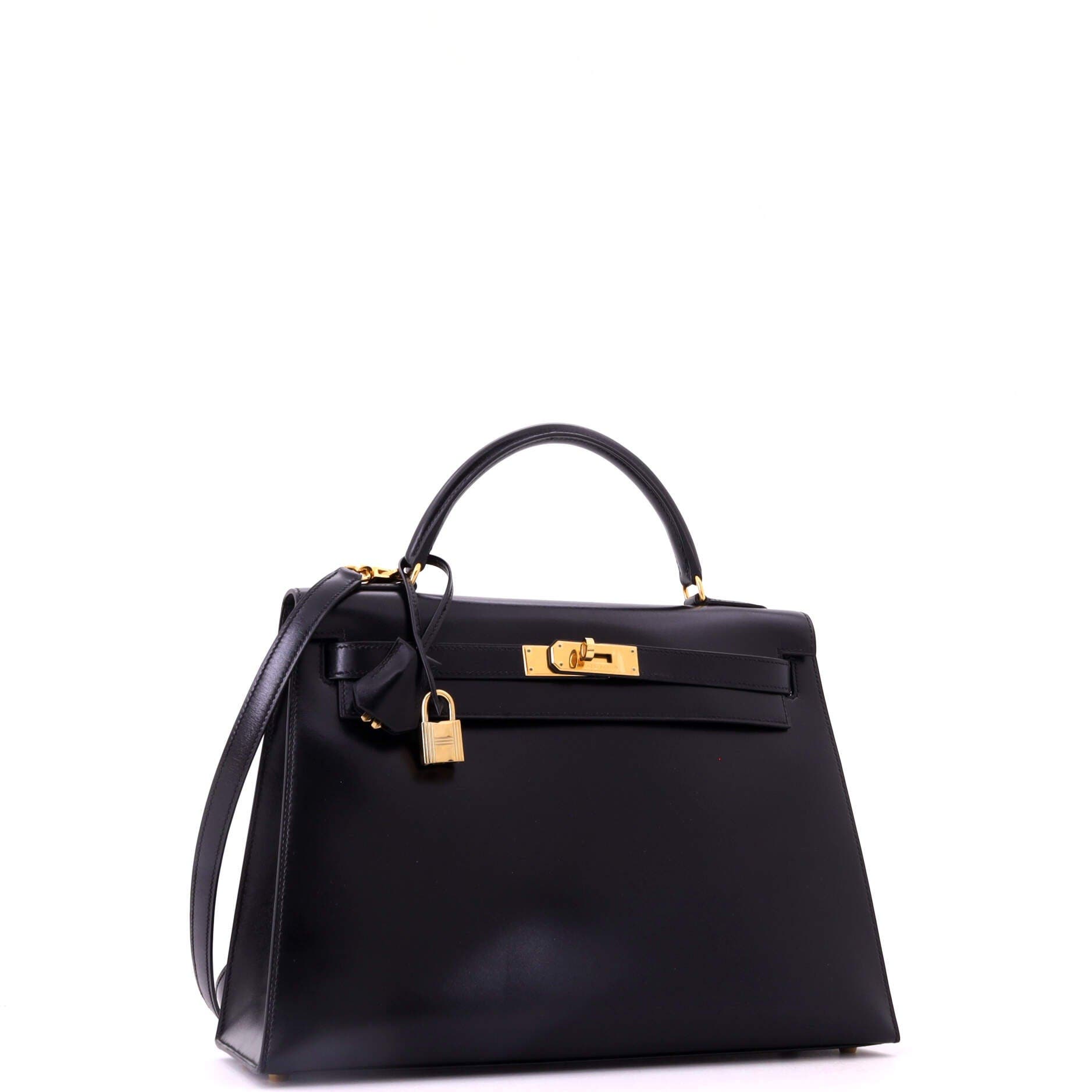 Pre-Owned Hermes Kelly Handbag Black Box Calf with Gold Hardware 32, Alternate, color, Noir