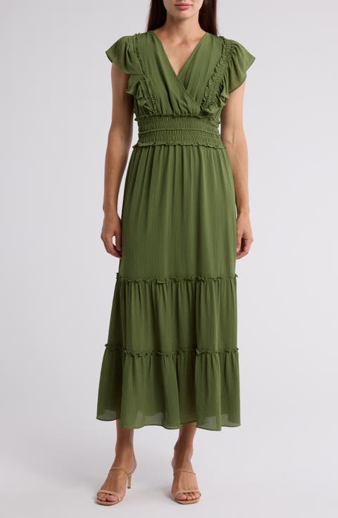 Pebble Crepe Flutter Sleeve Maxi Dress