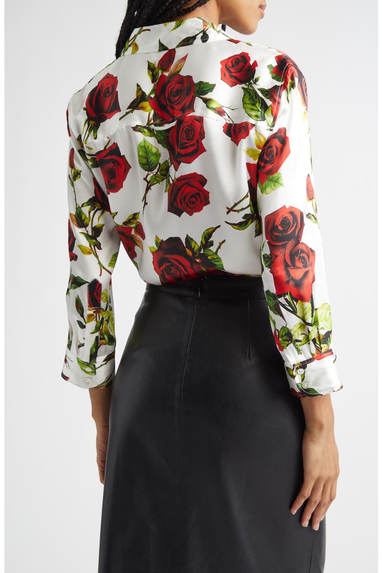 Dani Rose Print Silk Button-Up Shirt, Alternate, color, WHITE/ RED ROMANTIC ROSE