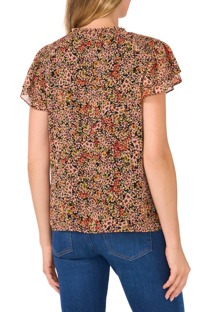 CeCe Print Ruffle Sleeve Tie Neck Top, Alternate, color,