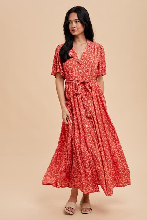 Flutter Sleeve Button Down Maxi Dress